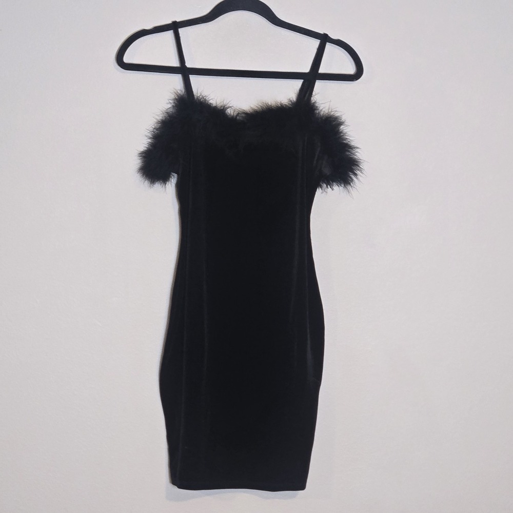 Black Velvet Feather Trim Mini Bodycon Dress Sz S Stretchy Costume Halloween